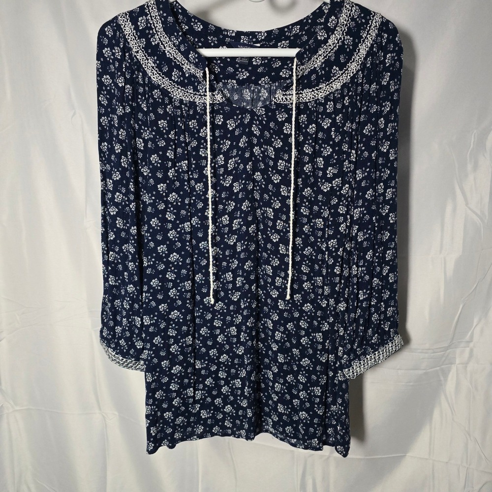 Nautica Womens Navy Blue White Floral Embroidery Peasant cottage boho Top Small